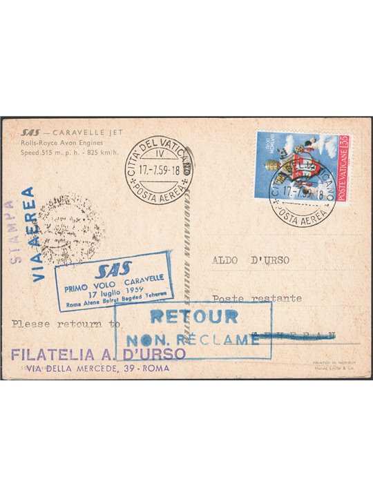 Primi Voli 17/7/1959 1° Volo S.A.S. dal Vaticano per Teheran cat. Pellegrini n° 1008