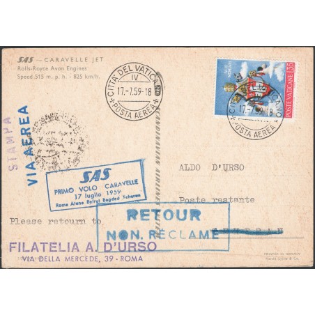 Primi Voli 17/7/1959 1° Volo S.A.S. dal Vaticano per Teheran cat. Pellegrini n° 1008