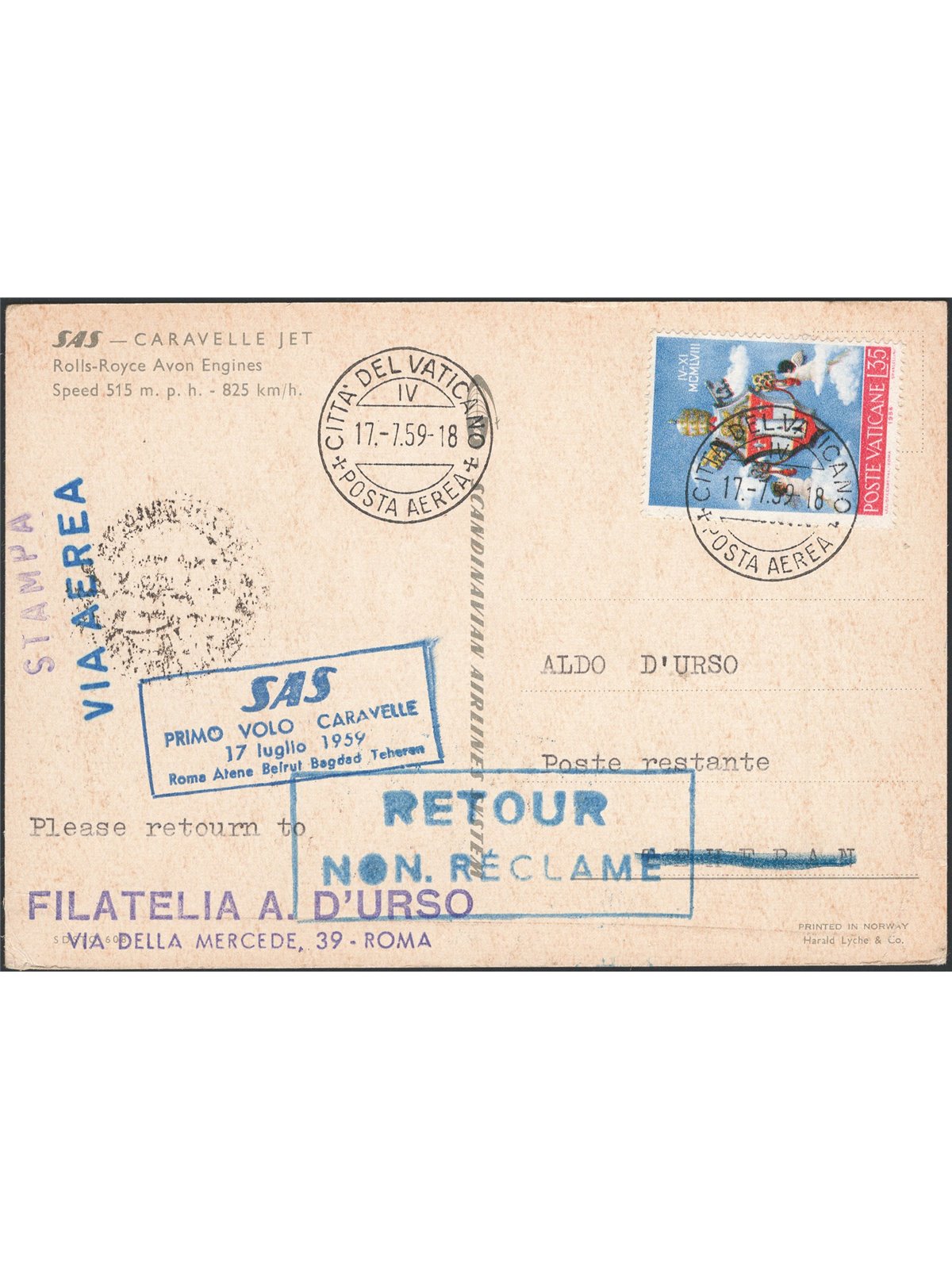 Primi Voli 17/7/1959 1° Volo S.A.S. dal Vaticano per Teheran cat. Pellegrini n° 1008
