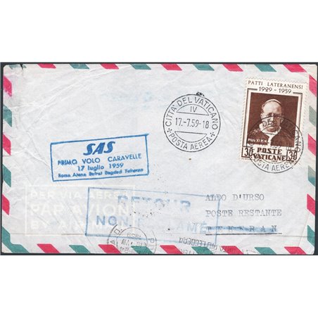 First Flights 17/7/1959 1st S.A.S. flight from the Vatican to Tehran cat. Pellegrini no. 1008
