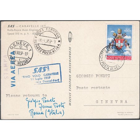 First Flights 18/ 7/1959 1st S.A.S. flight from the Vatican to Geneva Pellegrini catalogue no. 1013