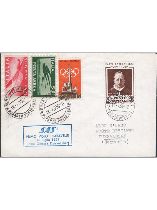 First Flights 18/7/1959 1st S.A.S. flight from the Vatican to Düsseldorf Pellegrini catalogue no. 1015
