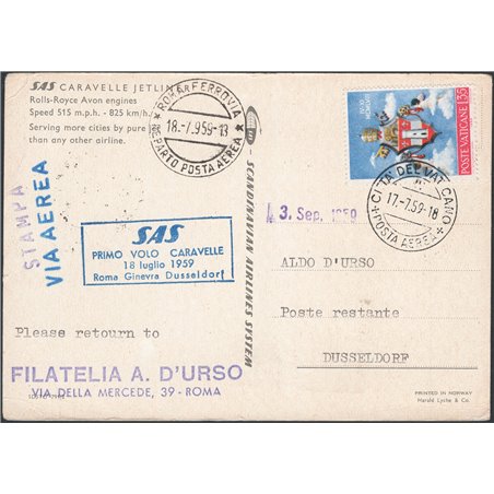 First Flights 18/7/1959 1st S.A.S. flight from the Vatican to Düsseldorf Pellegrini catalogue no. 1015
