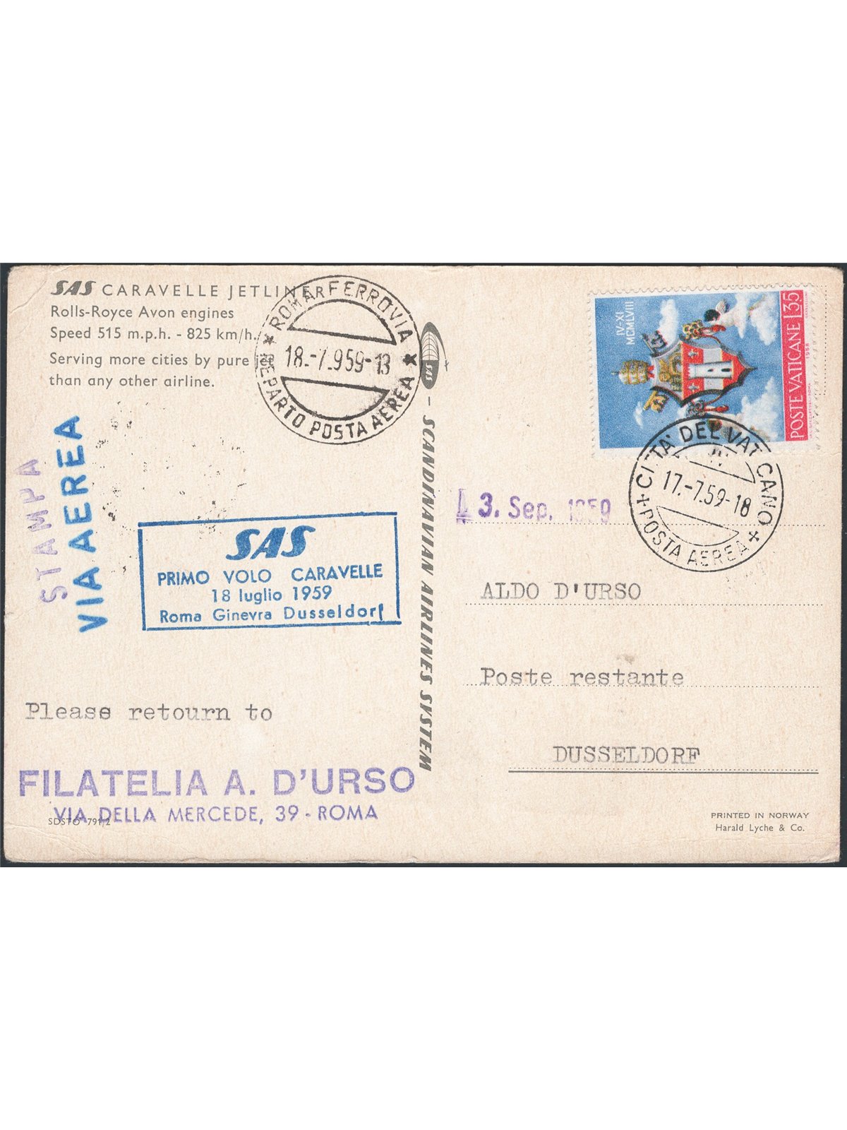 First Flights 18/7/1959 1st S.A.S. flight from the Vatican to Düsseldorf Pellegrini catalogue no. 1015