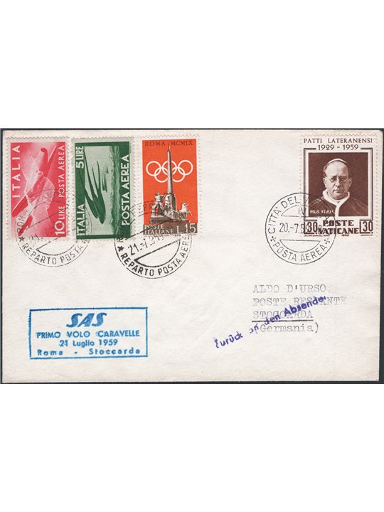 Primi Voli 21/7/1959 1° Volo S.A.S. dal Vaticano per Stoccarda cat. Pellegrini n° 1020