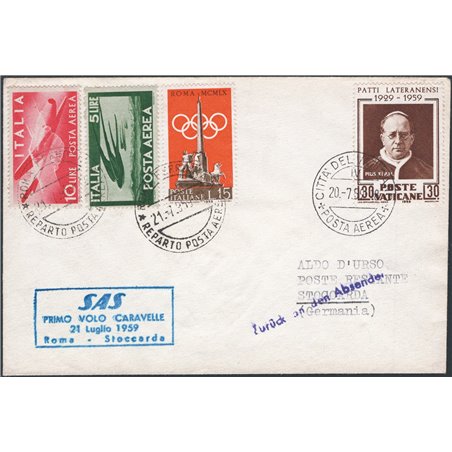 First Flights 21/7/1959 1st S.A.S. flight from the Vatican to Stuttgart Pellegrini catalogue no. 1020