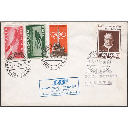 First Flights 21/7/ 1959 First S.A.S. flight from the Vatican to Geneva Pellegrini catalogue no. 1020