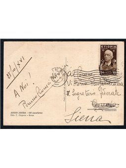 Colonie Italiane Etiopia 28/10/1938 Cartolina da Addis Abeba per Siena affrancata in tariffa con 30 c. di Etiopia n° 4. Timbro d