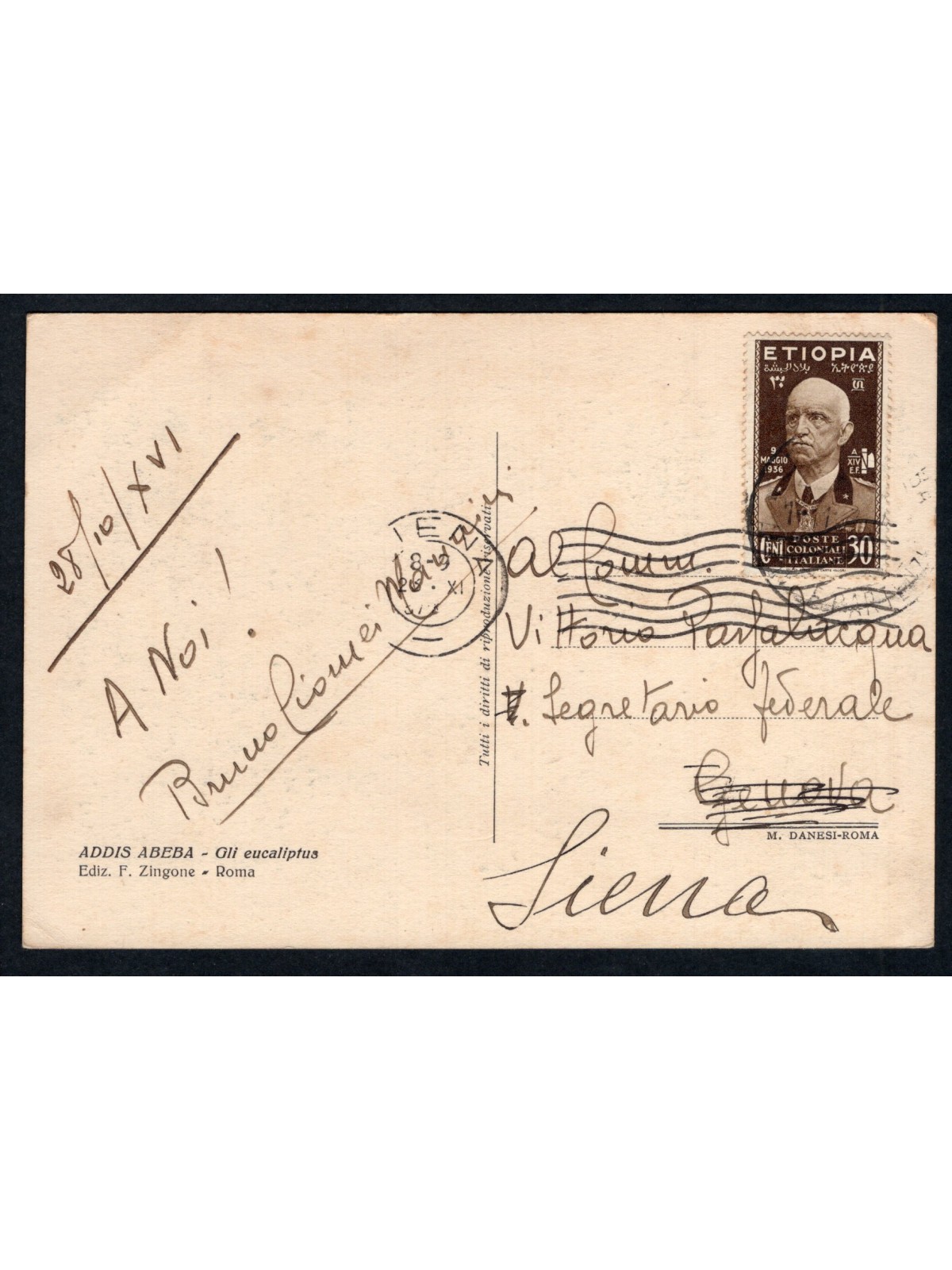 Colonie Italiane Etiopia 28/10/1938 Cartolina da Addis Abeba per Siena affrancata in tariffa con 30 c. di Etiopia n° 4. Timbro d