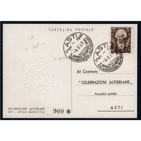 Italia Repubblica 4/6/1949 Alfieri 20 £ bruno su cartolina ufficiale "Asti Celebrazioni Alfieriane" con annullo speciale della m