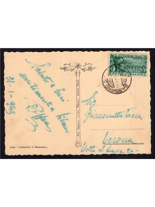Italian Republic 21/1/1949 Postcard from Bassano to Verona franked with 25 £ Ponte di Bassano no. No. 592