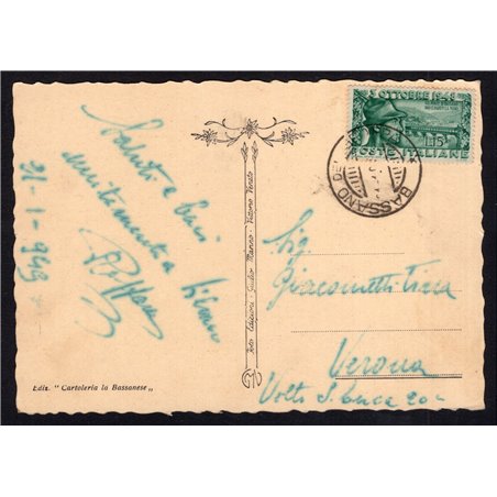Italia Repubblica 21/1/1949 Cartolina da Bassano per Verona affrancata con 25 £ Ponte di Bassano n° 592 