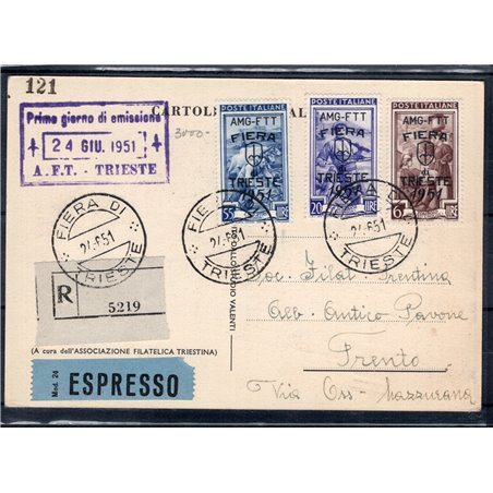 Trieste A 24/6/1951 Cartolina Commemorativa della “Fiera di Trieste” affrancata con omonima serie e viaggiata per raccomandata e