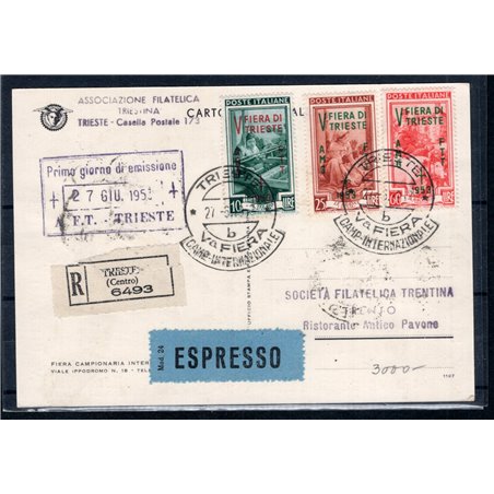 Trieste A 27/6/1953 Commemorative postcard of the “Fiera di Trieste ” franked with the series of the same name and sent by expre