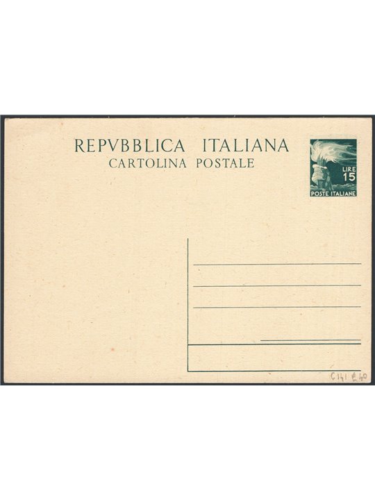 Interi Postali Italia Repubblica 2/7/1949 Democratica 15 £ verde scuro n° C141 nuovo Cat. € 40