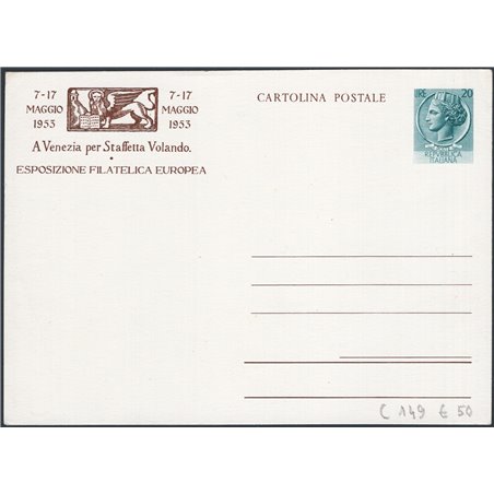 Postal Stationery Italian Democratic Republic 7 May 1953 Siracusana 20 £ green with the logo of the Venice Philatelic Exhibition