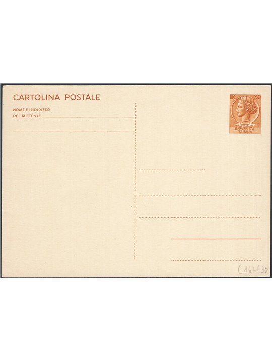 Postal Stationery Italian Republic 1966 ‘Siracusana’ 30 £ brown-yellow no. C167 mint Cat. € 35