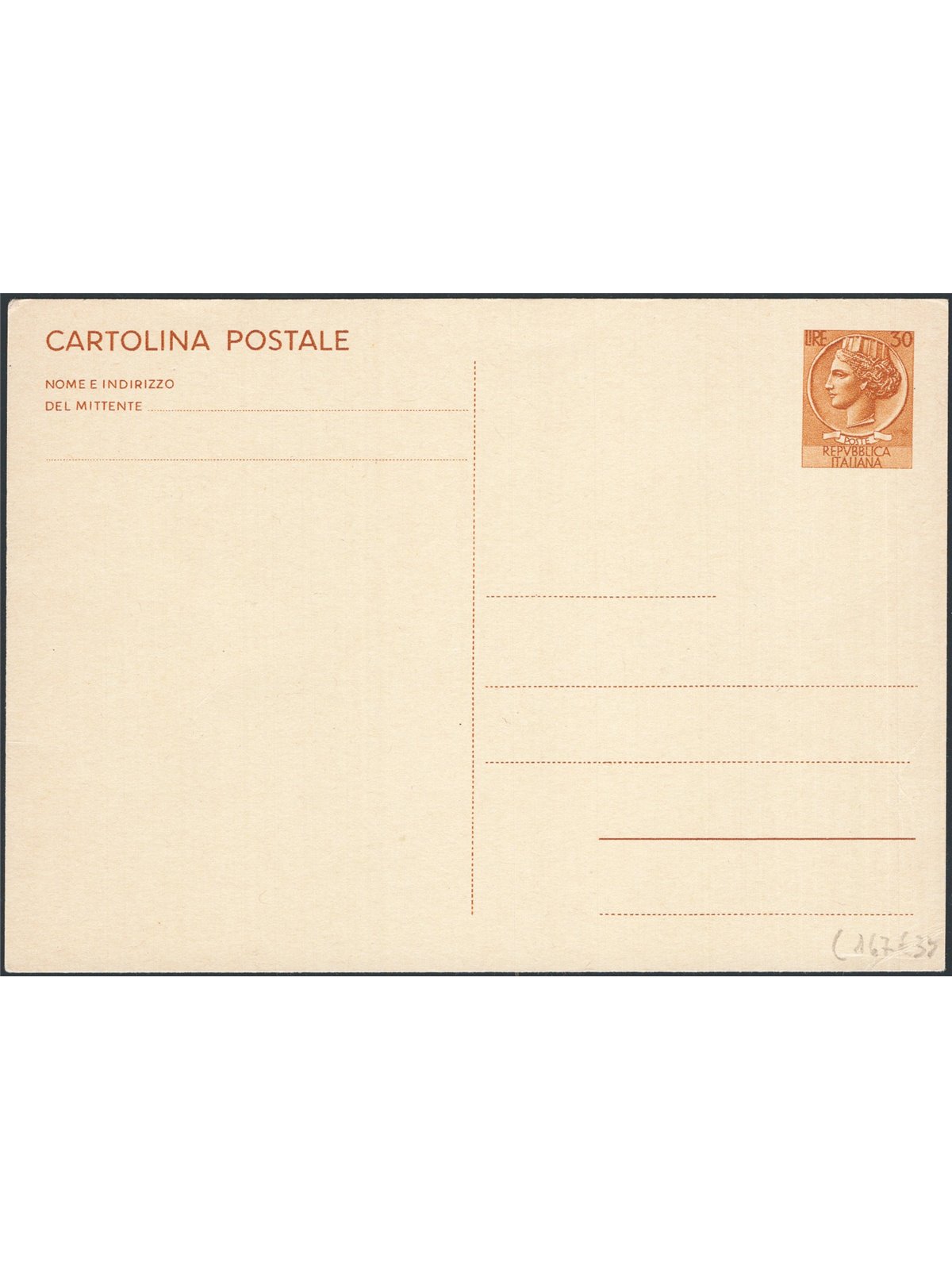 Interi Postali Italia Repubblica 1966 Siracusana 30 £ bruno giallo n° C167 nuovo Cat. € 35