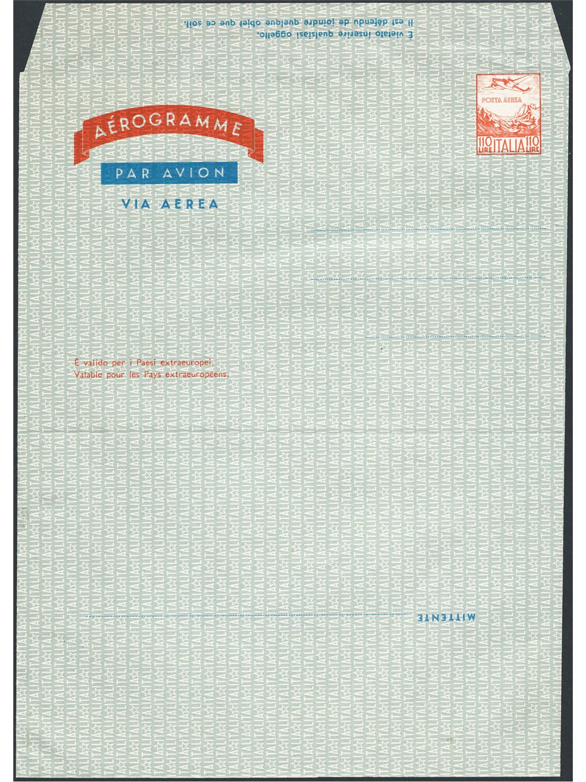 Postal Stationery Italian Republic 1976 Aerogramme ‘Aircraft and the Alps’ 110 £ orange and blue inner flap unperforated no. A5 