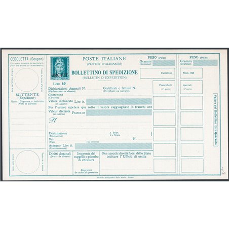 Trieste A Postal Stationery 1950 Italian parcel payment slips Turrita with curls 40 £ green No. P.11 mint Cat. € 60