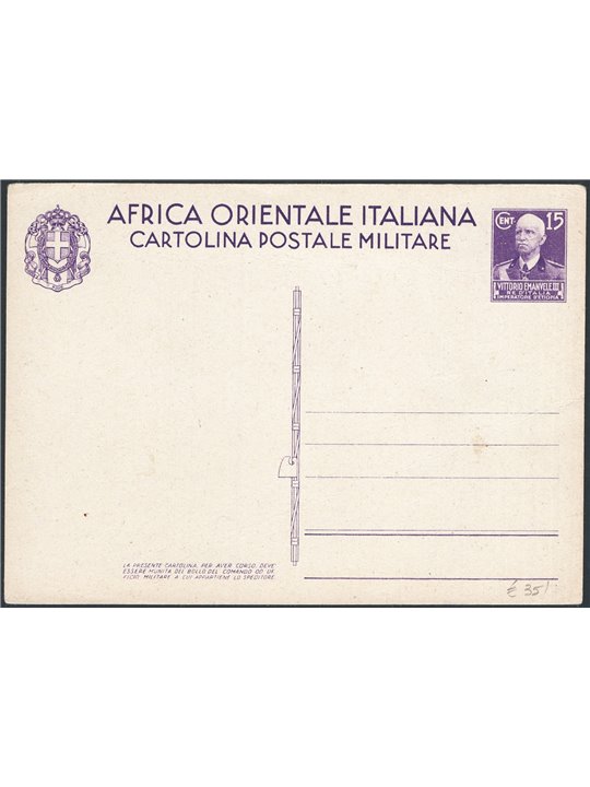 Postal Stationery from the Italian Colonies (A.O.I.) 1/1/1937 Imperial reduced-rate military postcard 15 c. purple No. C1 mint C