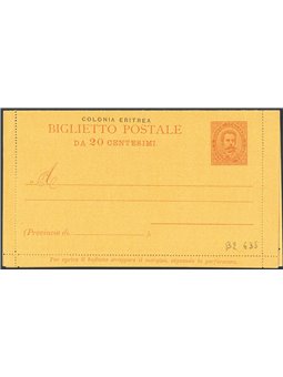 Postal Stationery from the Italian Colonies Eritrea 1/1/1893 Umberto I postcard 20 c. orange No. B2 mint Cat. €35