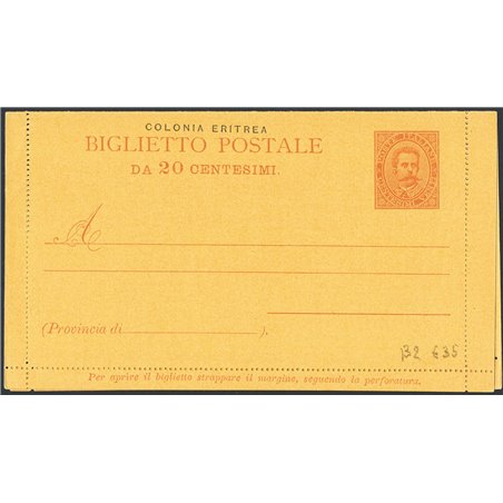 Postal Stationery from the Italian Colonies Eritrea 1/1/1893 Umberto I postcard 20 c. orange No. B2 mint Cat. €35