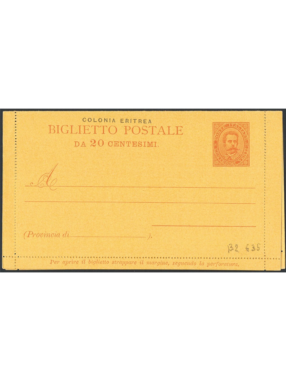 Interi Postali Colonie Italiane Eritrea 1/1/1893 Biglietto postale Umberto I 20 c. arancio n° B2 nuovo Cat. € 35