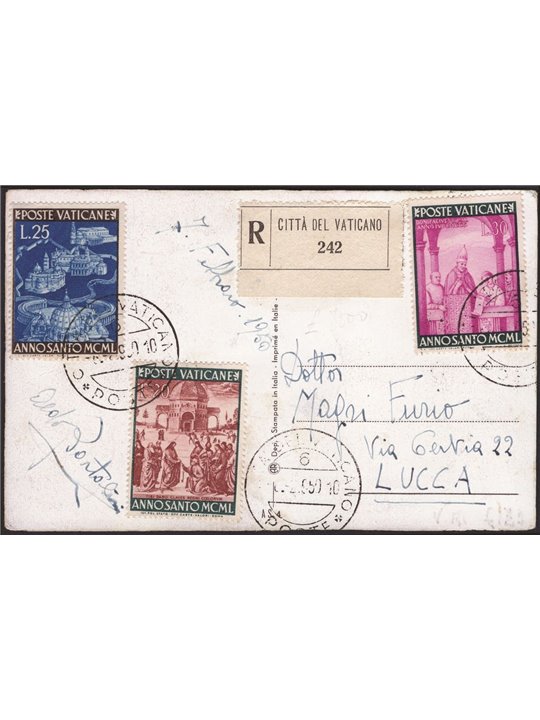 Vatican 8/2/1950 Registered postcard from the Vatican to Lucca franked on both sides with the “Holy Year” series No. 132/39 arri