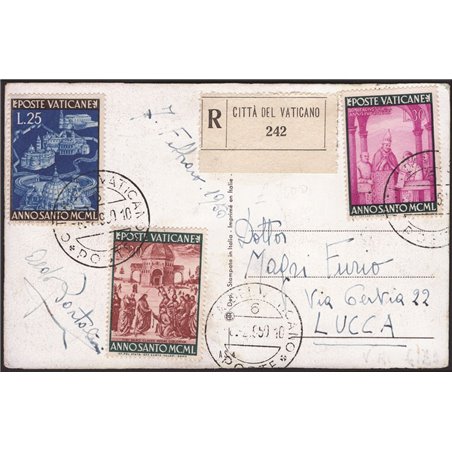 Vaticano 8/2/1950 Cartolina raccomandata dal Vaticano per Lucca affrancata fronte e retro con serie "Anno Santo" n° 132/39 sul f