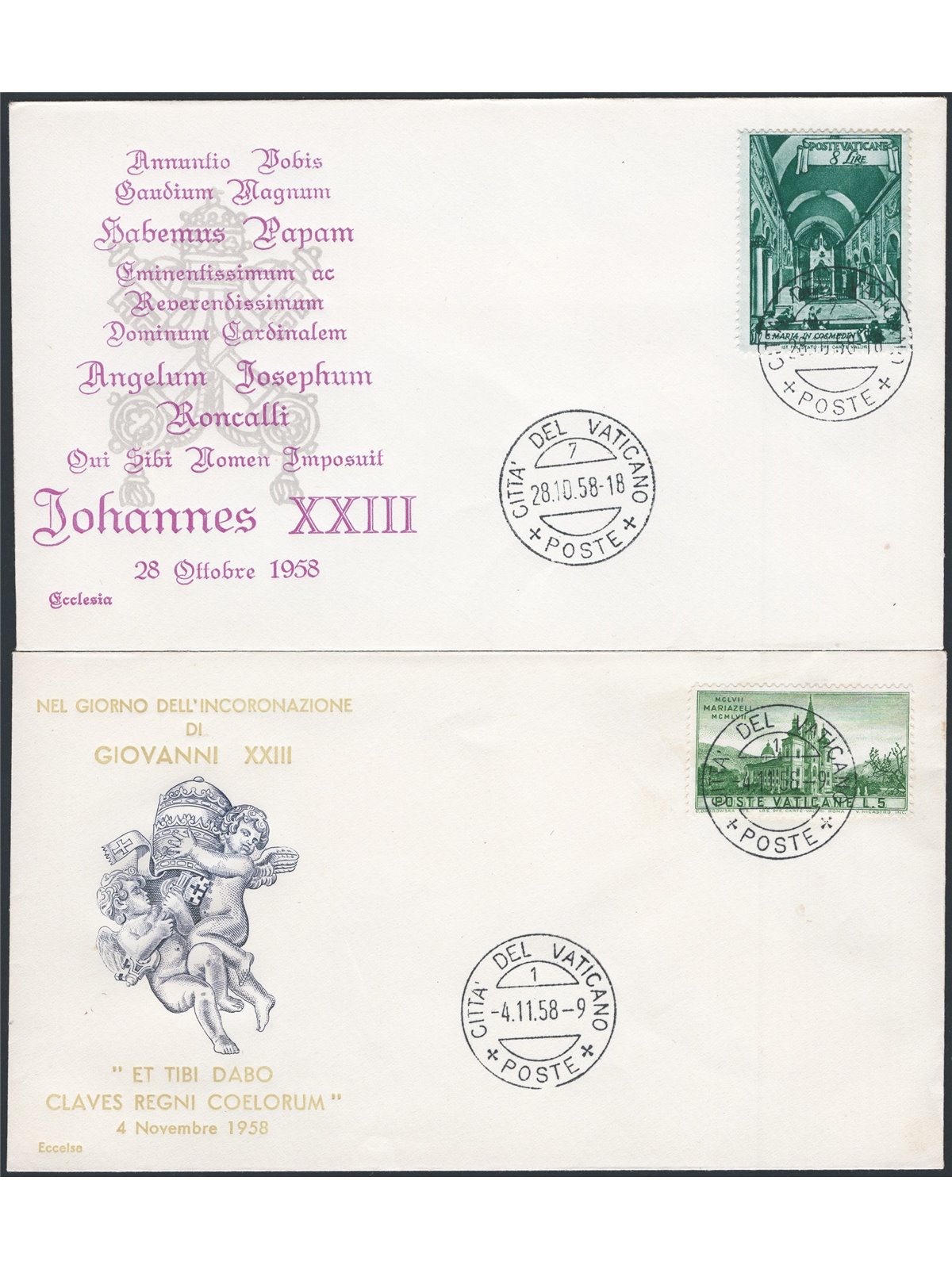 Vatican: The two first-day covers from the Election on 28/10/58 and the Coronation on 4/11/58 of John XXIII