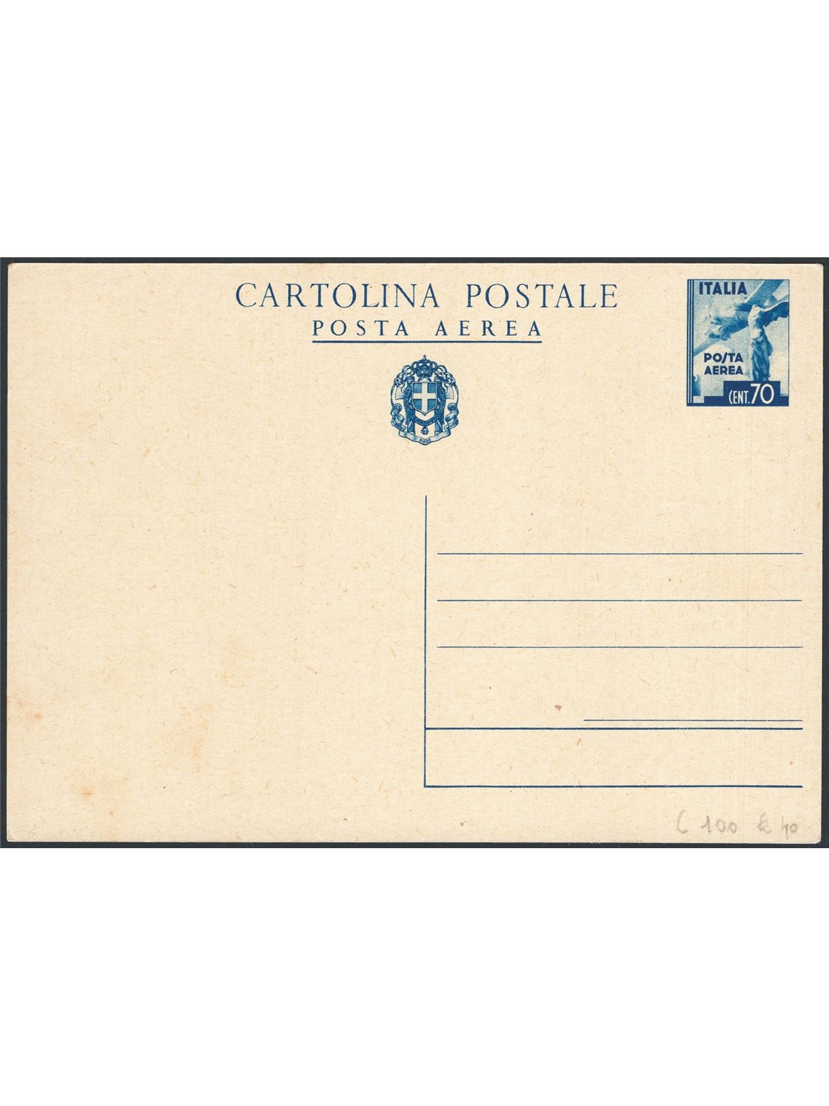 Postal Stationery Kingdom of Italy 1943 Airmail 70 c. sky blue No. C100 new Cat. €40