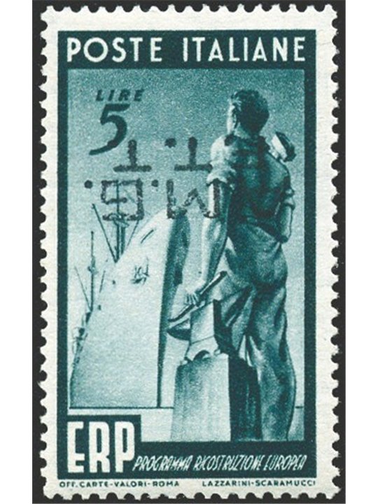 1949 Trieste A ERP 5 £ dark green with inverted overprint no. 43a Biondi certificate Cat. €6,500 (**)