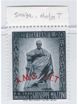 1949 Trieste A Mazzini with overprint missing a full stop after the second ‘T’ in ‘F.T.T.’ No. 47b Cat. €60 (**)