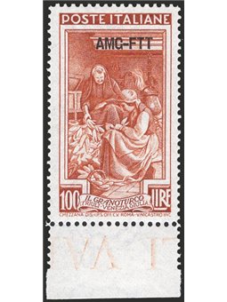 1950 Trieste A Italia al lavoro 100 £ bruno rosso dent. 13¼x14¼ (13,30x14,15) pos. DB n° 106/I Sass. Spec. n° 124 Cert. CiBaFil 