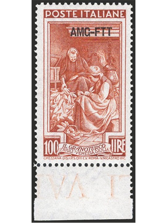 1950 Trieste A ‘Italy at Work’ 100 £ brown-red perforated 13¼x14¼ (13.30x14.15) pos. DB No. 106/I Special Sheet No. 124 CiBaFil 