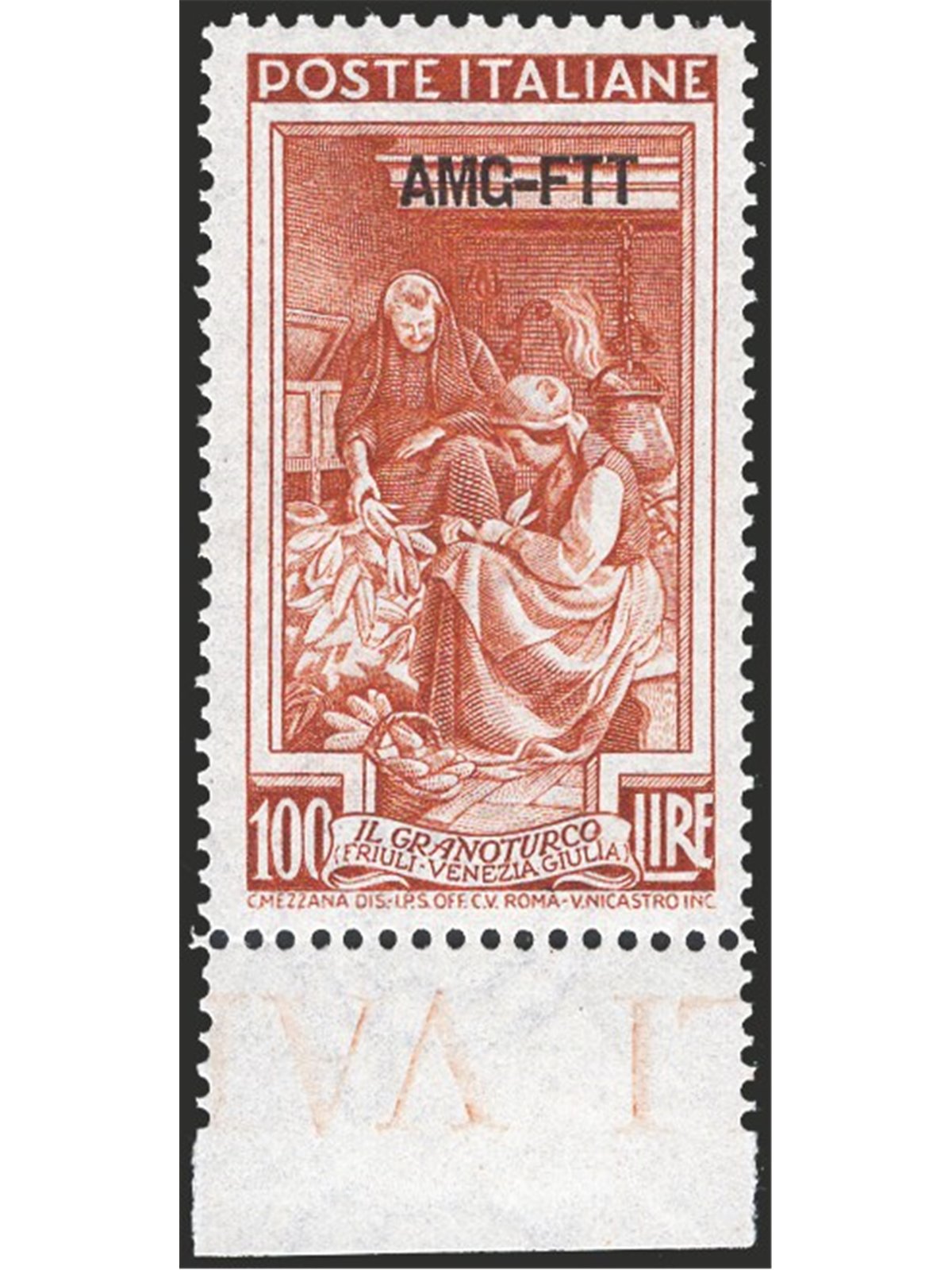 1950 Trieste A ‘Italy at Work’ 100 £ brown-red perforated 13¼x14¼ (13.30x14.15) pos. DB No. 106/I Special Sheet No. 124 CiBaFil 