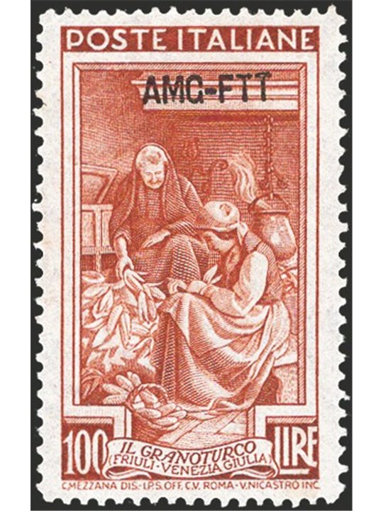 1950 Trieste A ‘Italy at Work’ 100 £ brown-red perforated 14¼x13¼ with wide overprint hyphen pos. DB No. 106/II. Signed: Chia ED