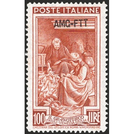 1950 Trieste A ‘Italy at Work’ 100 £ brown-red perforated 14¼x13¼ with wide overprint hyphen pos. DB No. 106/II. Signed: Chia ED