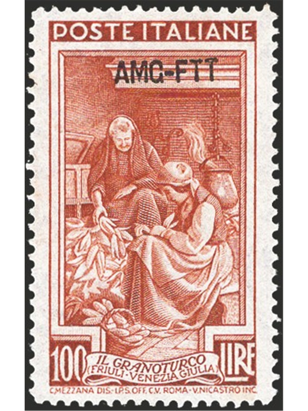 1950 Trieste A ‘Italy at Work’ 100 £ brown-red perforated 14¼x13¼ with wide overprint hyphen pos. DB No. 106/II. Signed: Chia ED