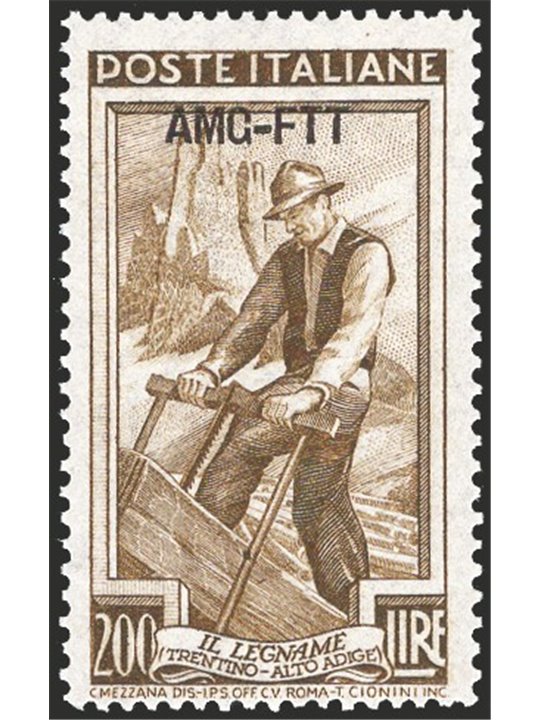 1952 Trieste A ‘Italy at Work’ 200 £ olive-brown perforated 14¼x13¼ position DB No. 107/II Special Stamp No. 128 CiBaFil Certifi