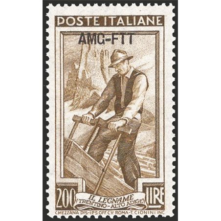 1952 Trieste A Italia al lavoro 200 £ bruno oliva dent. 14¼x13¼ pos. DB n° 107/II Sass. Spec. n° 128 Cert. CiBaFil Cert. RD Cat.