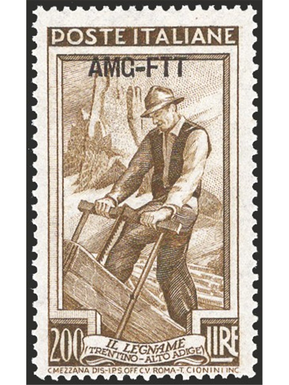 1952 Trieste A ‘Italy at Work’ 200 £ olive-brown perforated 14¼x13¼ position DB No. 107/II Special Stamp No. 128 CiBaFil Certifi