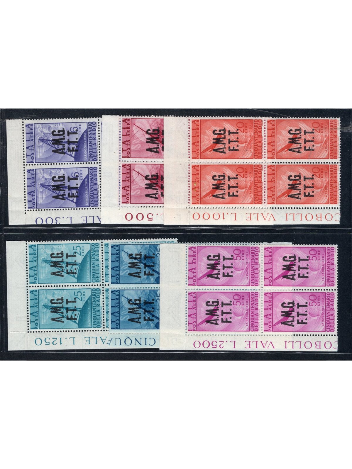 1947 Trieste A Public Administration Radio in block of four corner of sheet series no. 7/12 CiBaFil Cert. Cat. €350 (**)