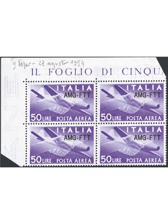 1954 Trieste A P.A. Democratica £50 violet with modified overprint no. 22A in a block of four corner of sheet. Signed ED Raybaud
