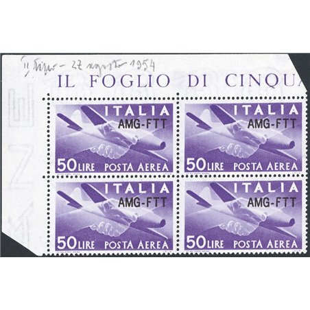 1954 Trieste A P.A. Democratica £50 violet with modified overprint no. 22A in a block of four corner of sheet. Signed ED Raybaud
