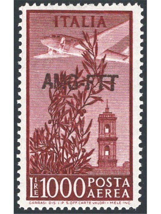 1952 Trieste A P.A. Campidoglio 1,000 £ with overprint “AMG. FTT” on a single line perforation 14x13¼ no. 26A Biondi certified C