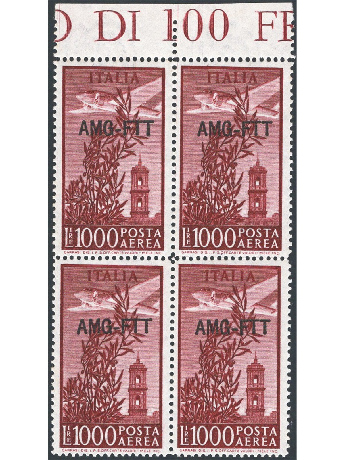 1952 Trieste A P.A. Campidoglio 1.000 £ bruno lilla con soprast. modificata n° 26a in quartina bordo di foglio. Firm. Raybaudi C