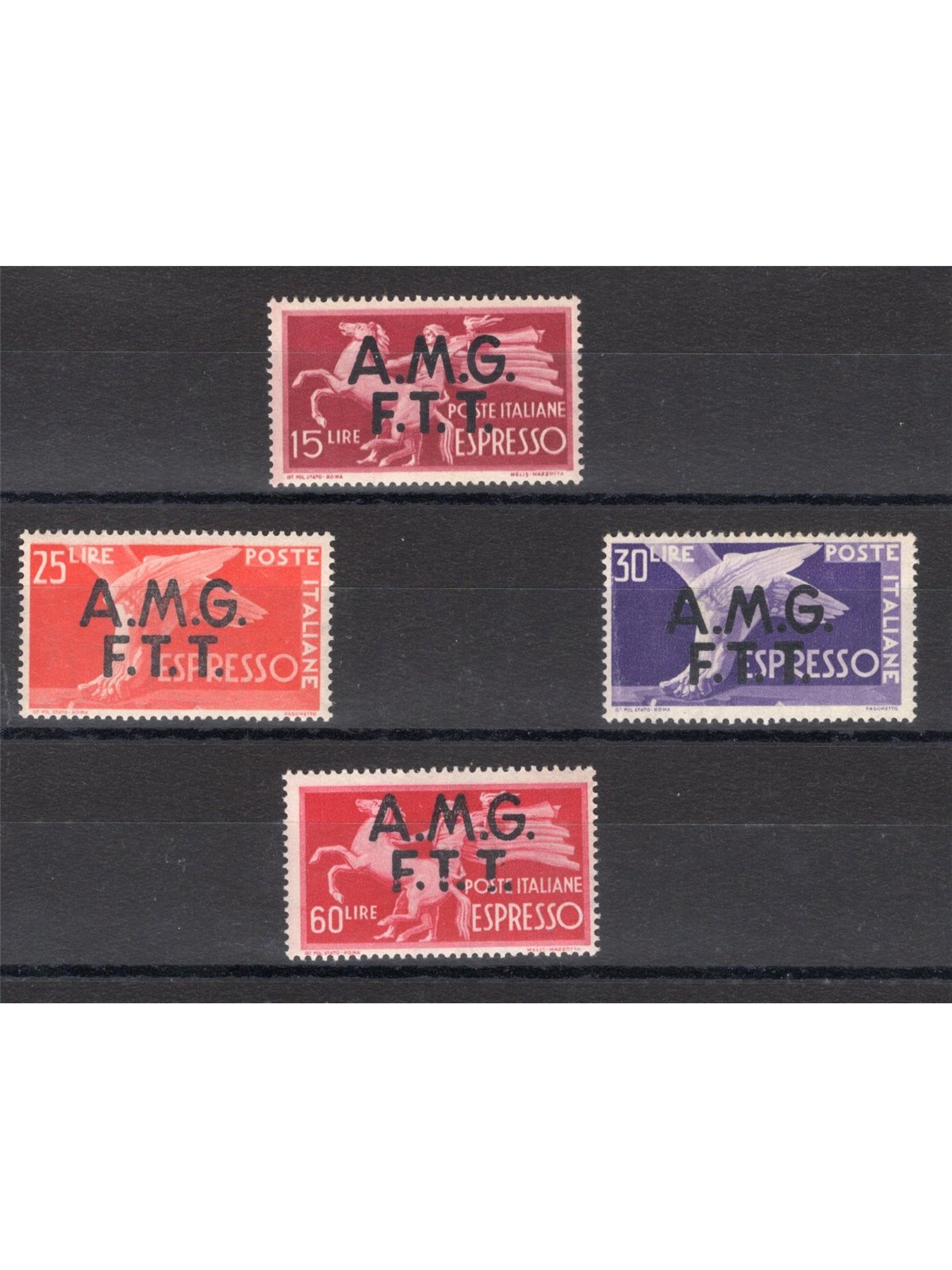 1947/48 Trieste A ‘Espresso Democratica’ with ‘AMG-FTT’ overprint on two lines series no. 1/4 certified by CiBaFil catalogue pri