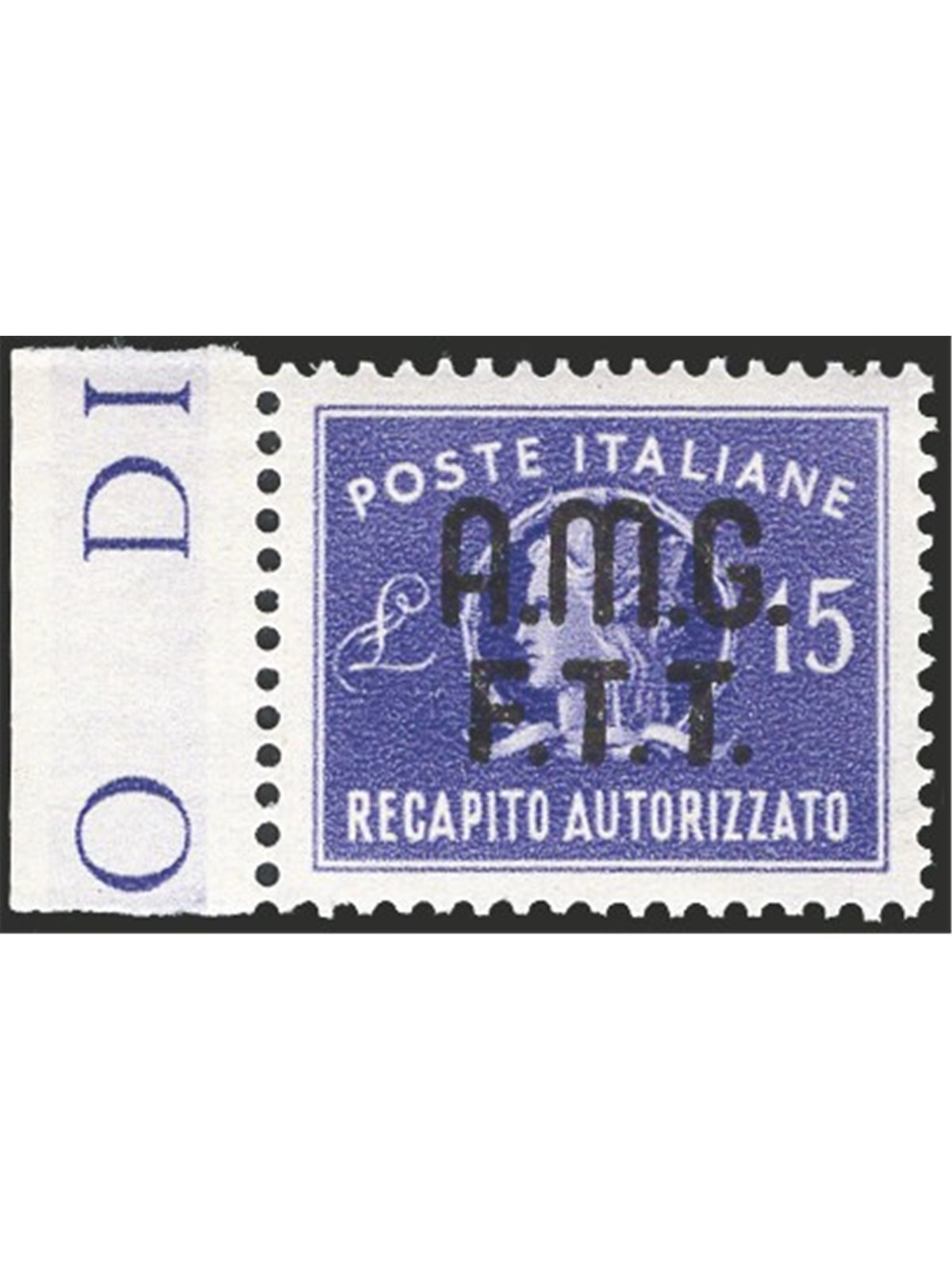 1949 Trieste A Recapito autorizzato 15 £ violetto n° 3 con ottima centratura Cert. CiBaFil Cat. € 260 (**)